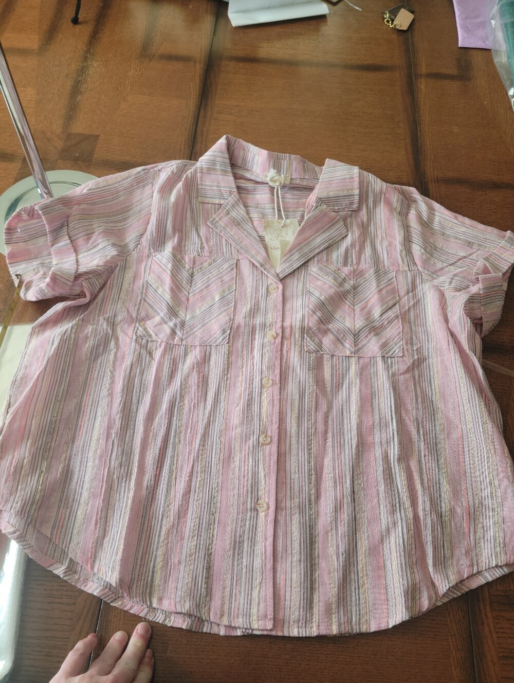 Hem & Thread Womens Pink Striped Button-Up Top